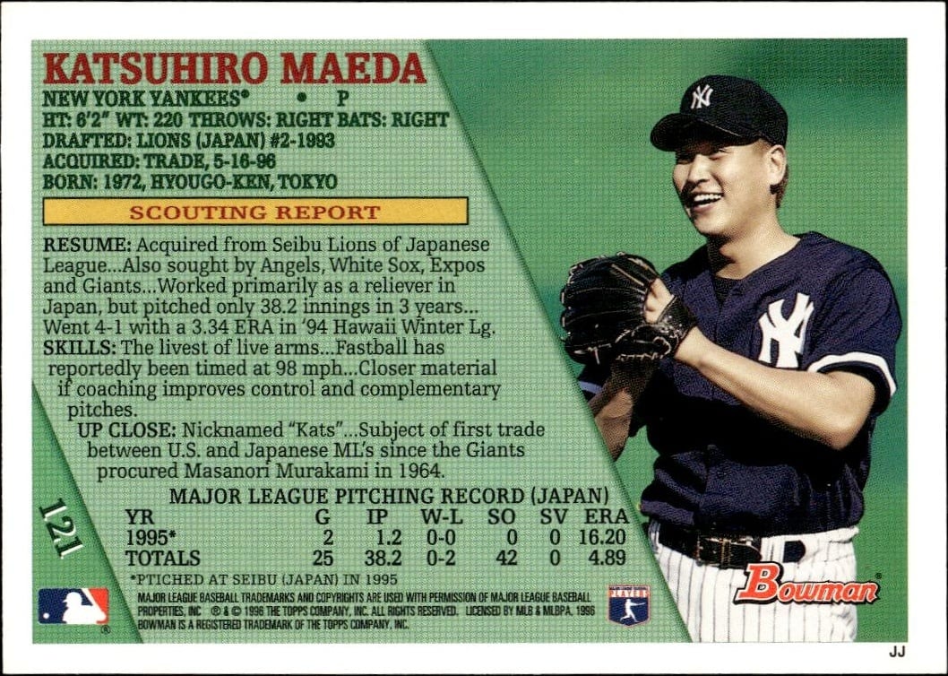 1996 Bowman Katsuhiro Maeda #121 baseball trading card back