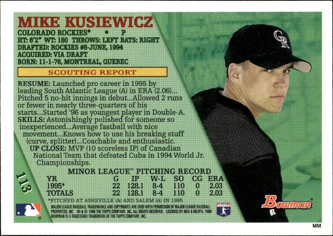 1996 Bowman Mike Kusiewicz #113 baseball trading card back