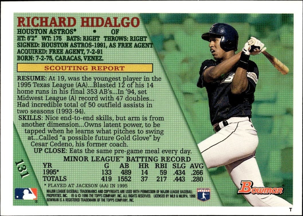 1996 Bowman Richard Hidalgo #131 baseball trading card back