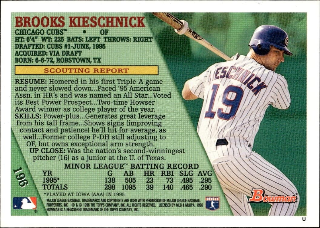 1996 Bowman Brooks Kieschnick #196 baseball trading card back