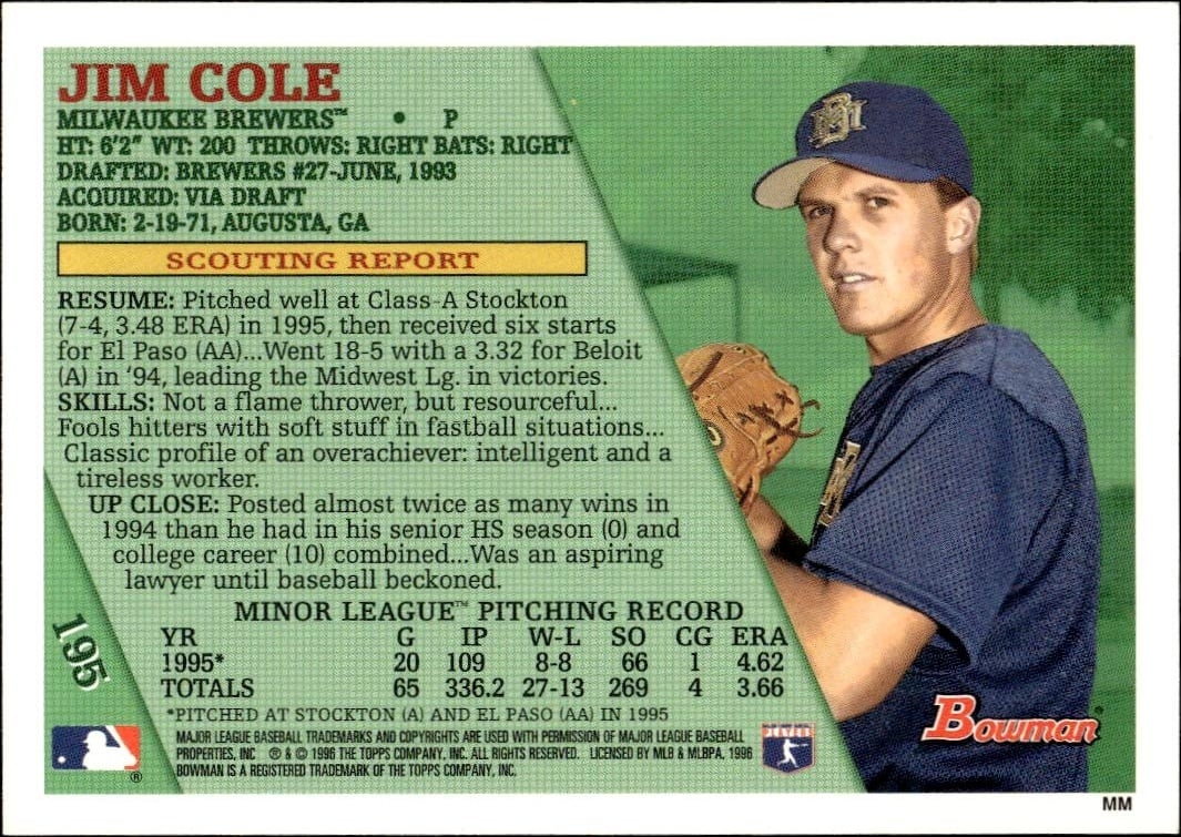 1996 Bowman Jim Cole #195 baseball trading card back