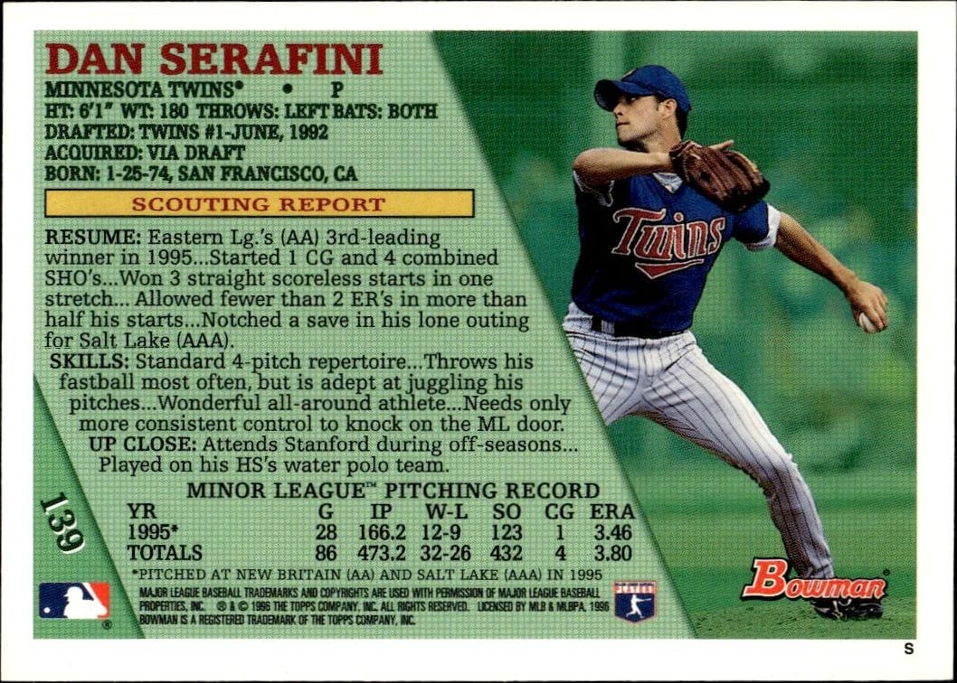 1996 Bowman Dan Serafini #139 baseball trading card back