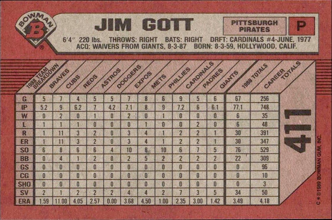 1989 Bowman Jim Gott #411 baseball trading card back