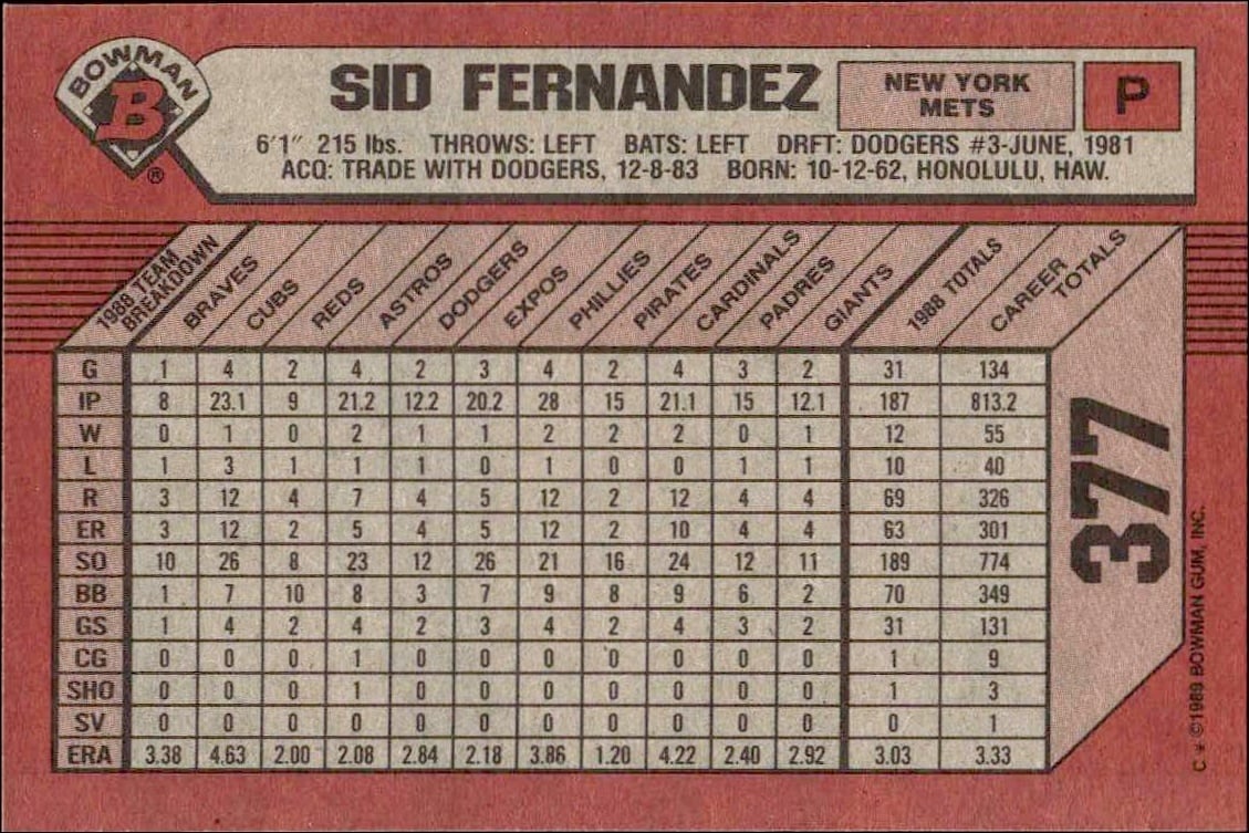 1989 Bowman Sid Fernandez #377 baseball trading card back