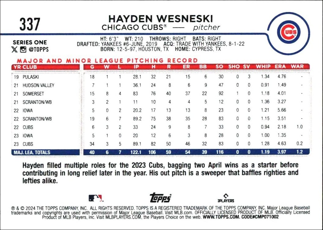 2024 Topps Hayden Wesneski #337 baseball trading card back