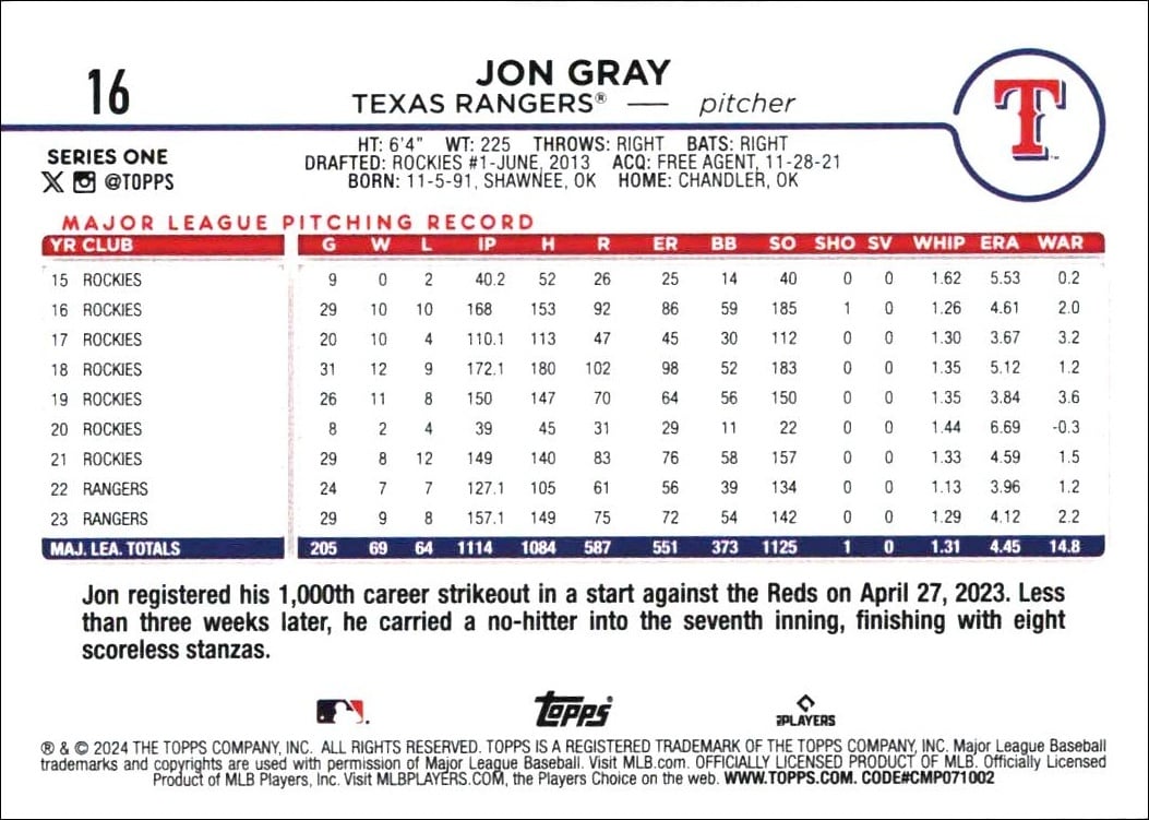 2024 Topps Jon Gray #16 baseball trading card back