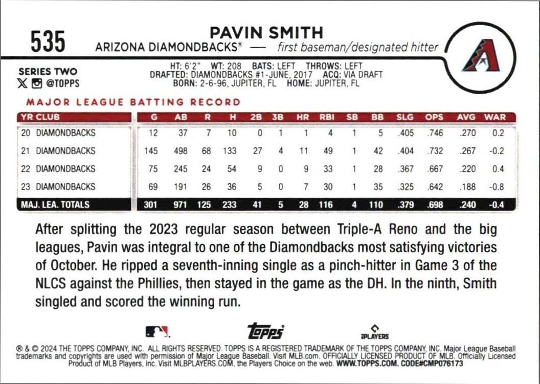 2024 Topps Series 2 Pavin Smith #535 baseball trading card back