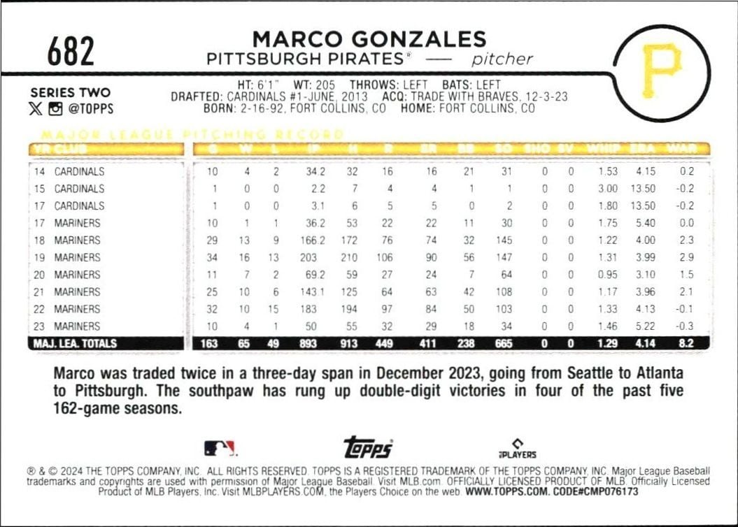 2024 Topps Series 2 Marco Gonzales #682 baseball trading card back