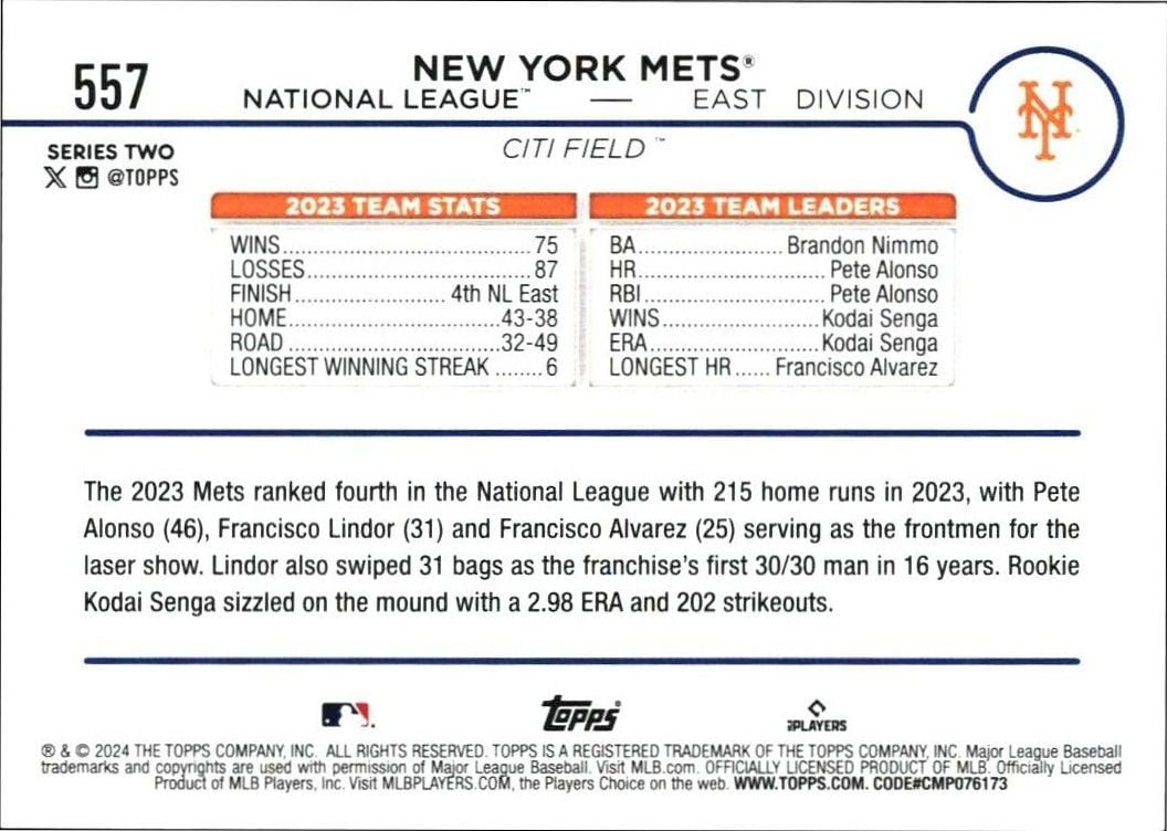 2024 Topps Series 2 New York Mets #557 baseball trading card back