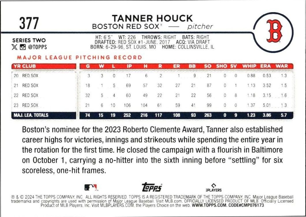 2024 Topps Series 2 Tanner Houck #377 baseball trading card back