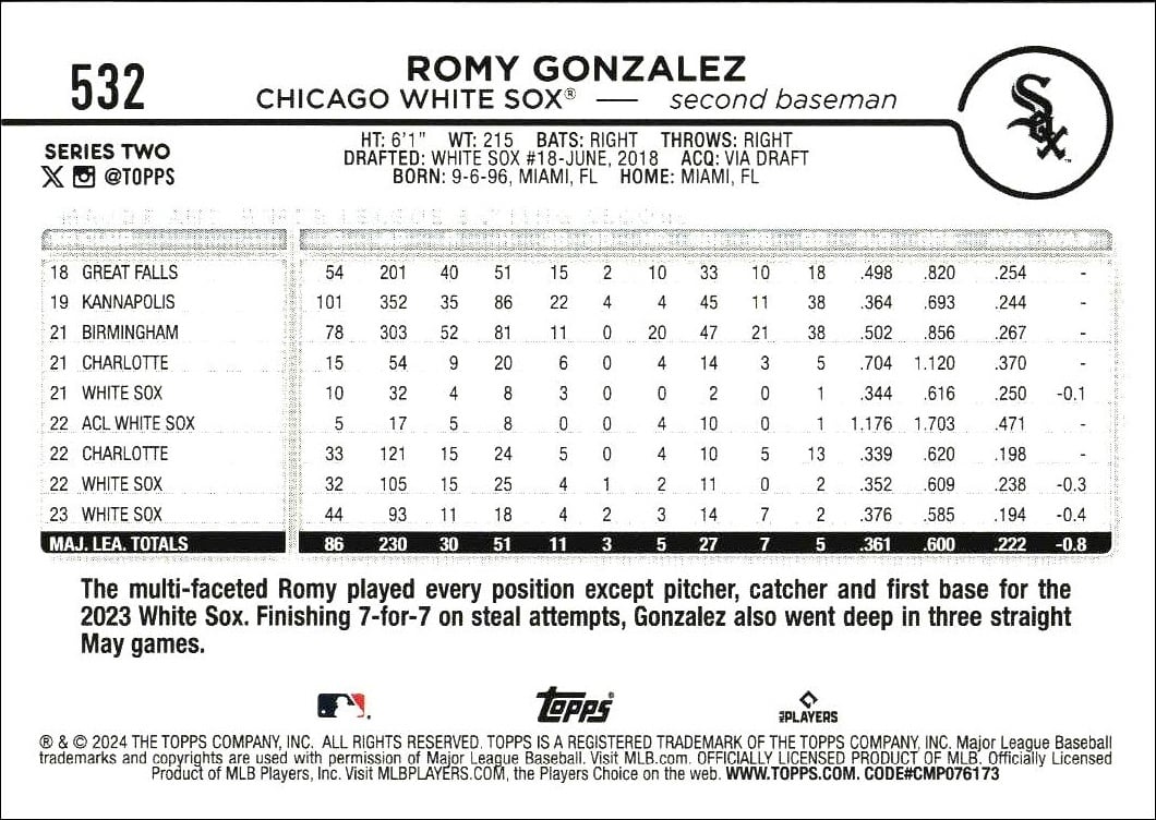 2024 Topps Series 2 Romy Gonzalez #532 baseball trading card back