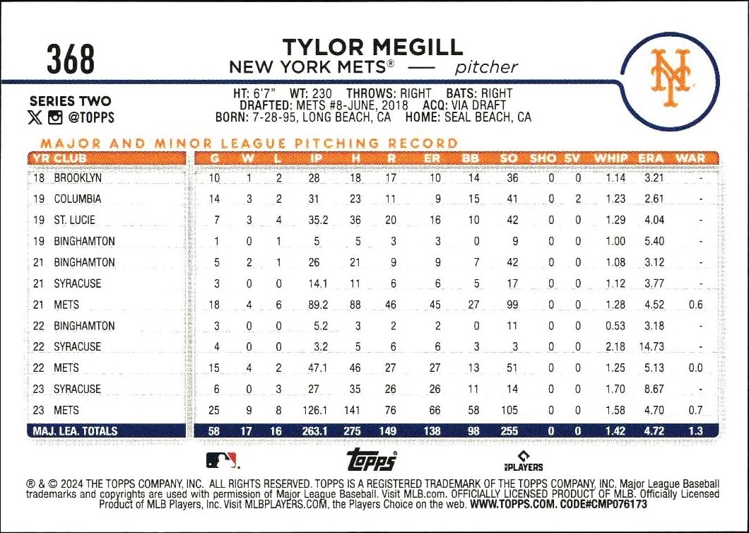 2024 Topps Series 2 Tylor Megill #368 baseball trading card back