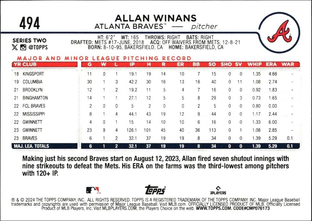 2024 Topps Series 2 Allan Winans #494 baseball trading card back