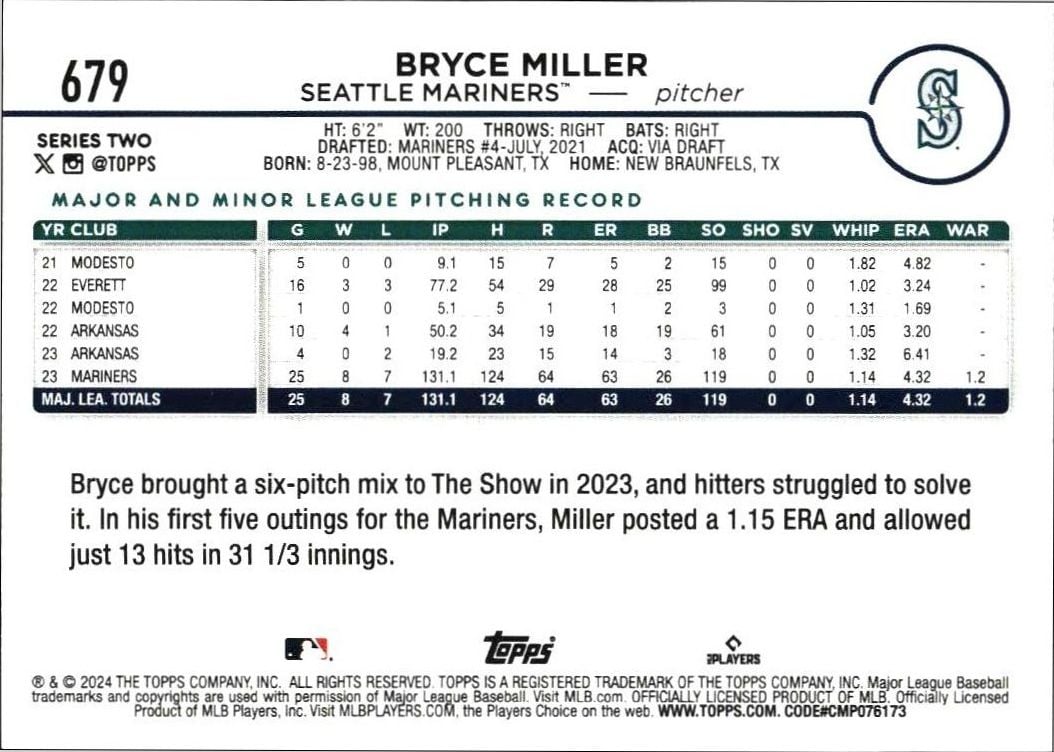 2024 Topps Series 2 Bryce Miller #679 baseball trading card back
