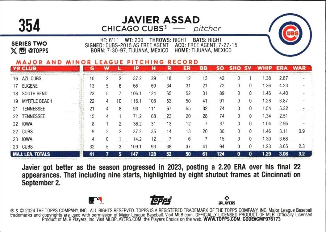 2024 Topps Series 2 Javier Assad #354 baseball trading card back