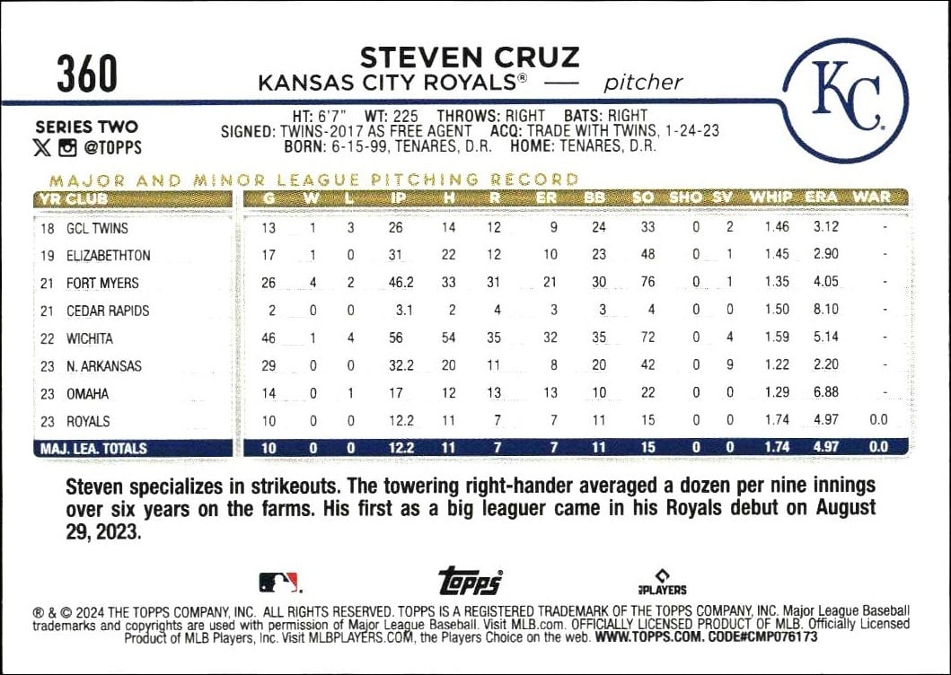 2024 Topps Series 2 Steven Cruz #360 baseball trading card back