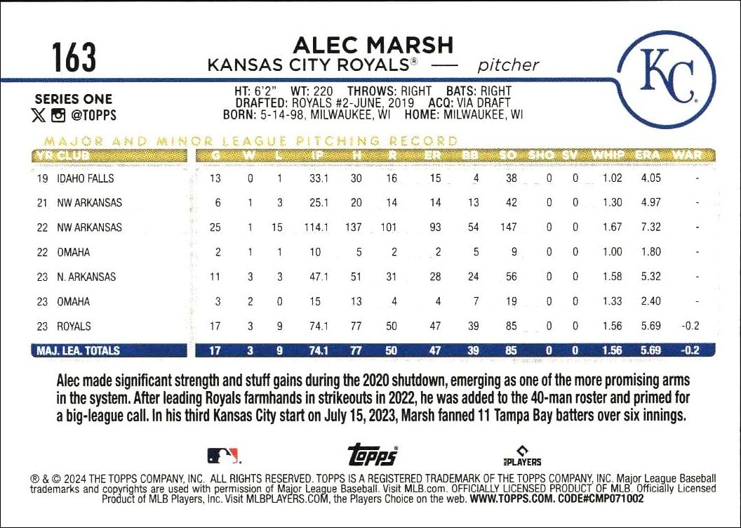 2024 Topps Alec Marsh #163 baseball trading card back
