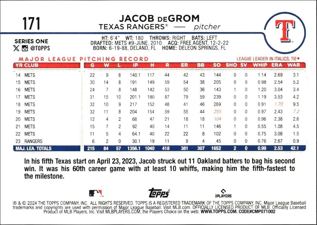 2024 Topps Jacob DeGrom #171 baseball trading card back