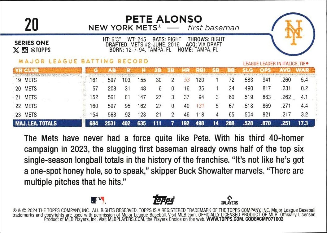 2024 Topps Pete Alonso #20 baseball trading card back