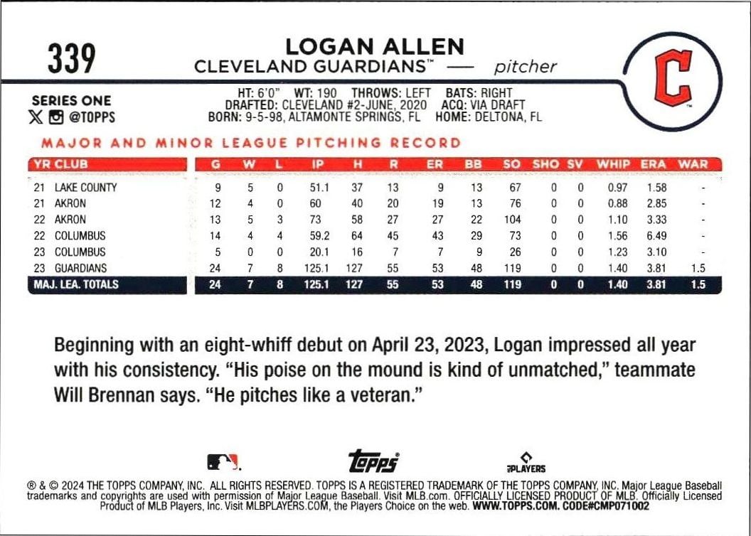 2024 Topps Logan Allen #339 baseball trading card back