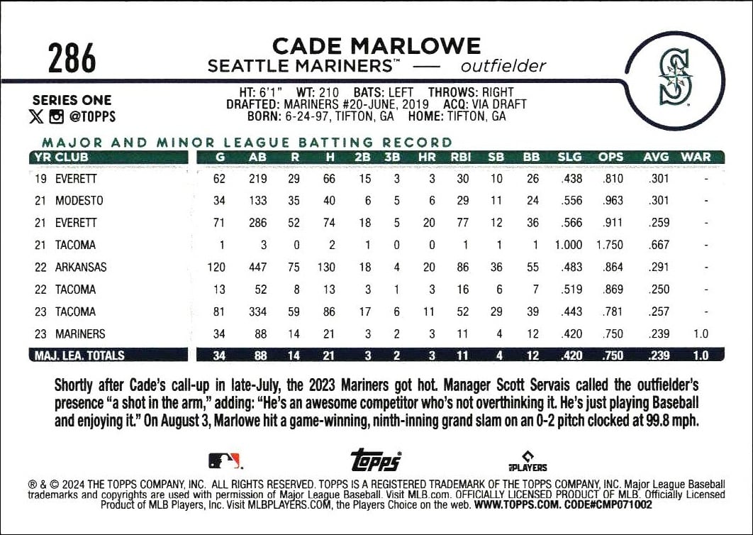 2024 Topps Cade Marlowe #286 baseball trading card back