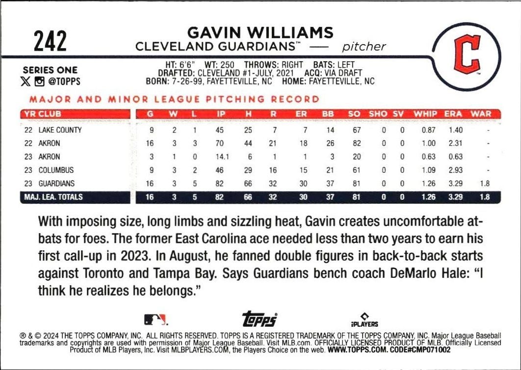 2024 Topps Gavin Williams #242 baseball trading card back
