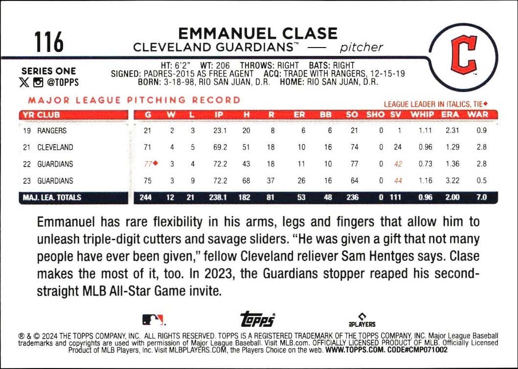 2024 Topps Emmanuel Clase #116 baseball trading card back