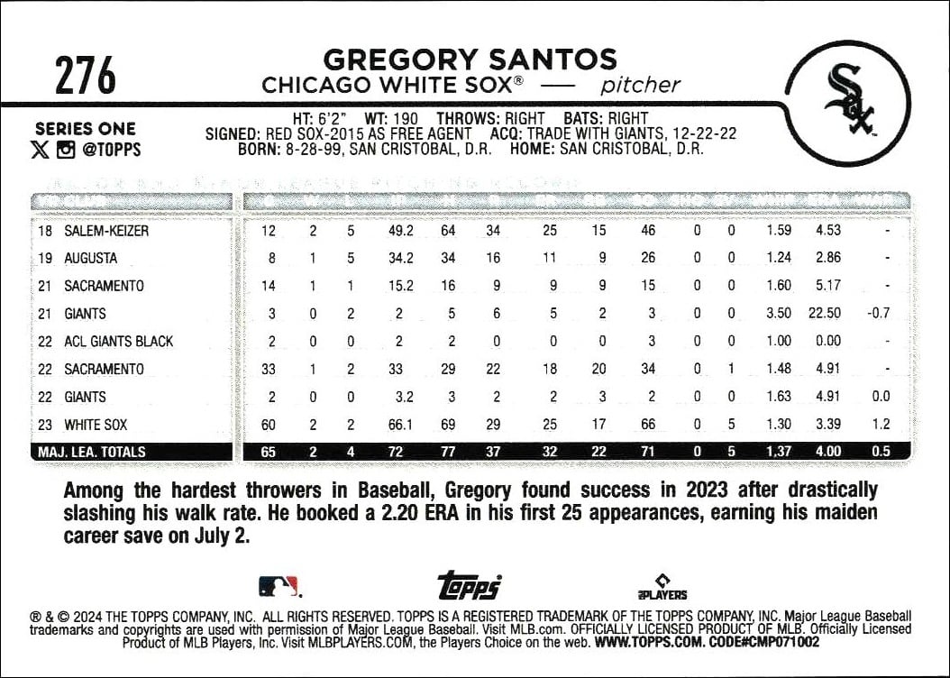 2024 Topps Gregory Santos #276 baseball trading card back