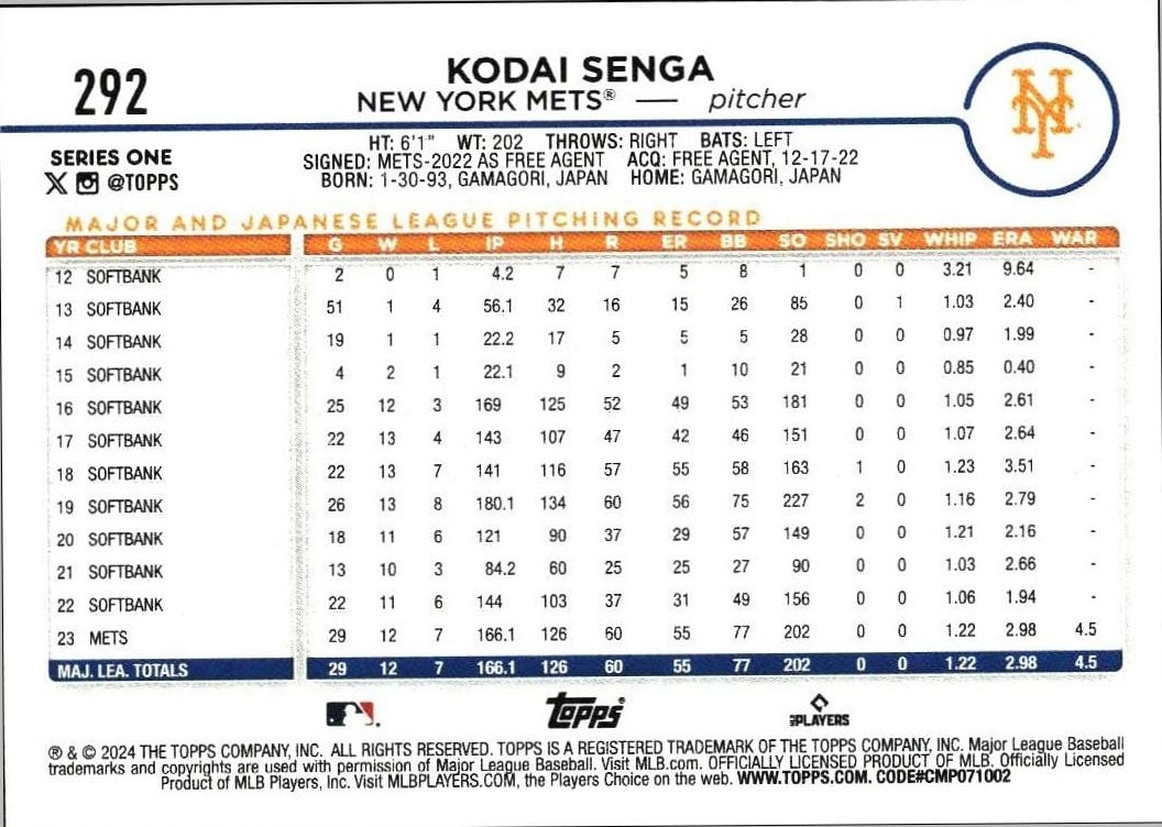 2024 Topps Kodai Senga #292 baseball trading card back