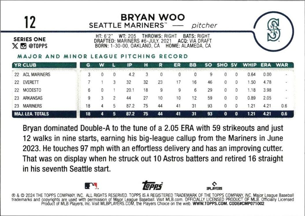 2024 Topps Bryan Woo #12 baseball trading card back