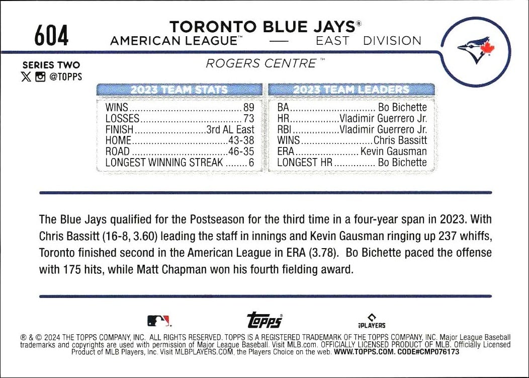 2024 Topps Series 2 Toronto Blue Jays #604 baseball trading card back