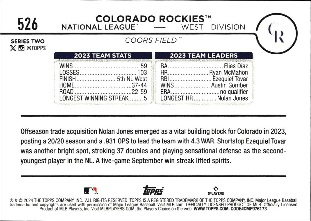 2024 Topps Series 2 Colorado Rockies #526 baseball trading card back