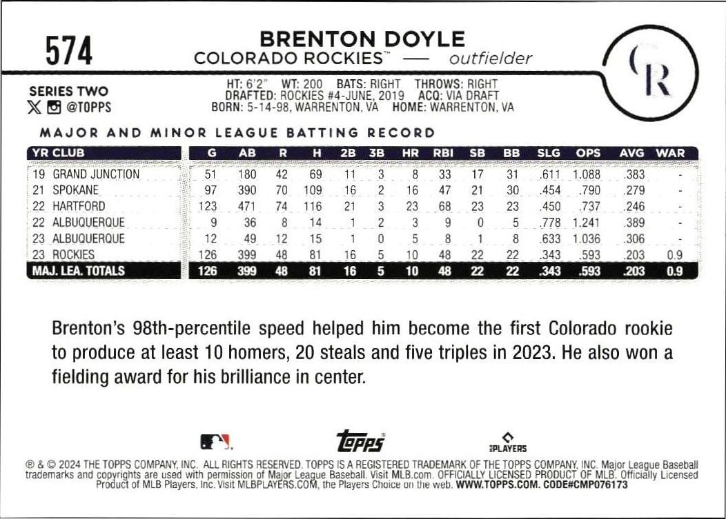 2024 Topps Series 2 Brenton Doyle #574 baseball trading card back