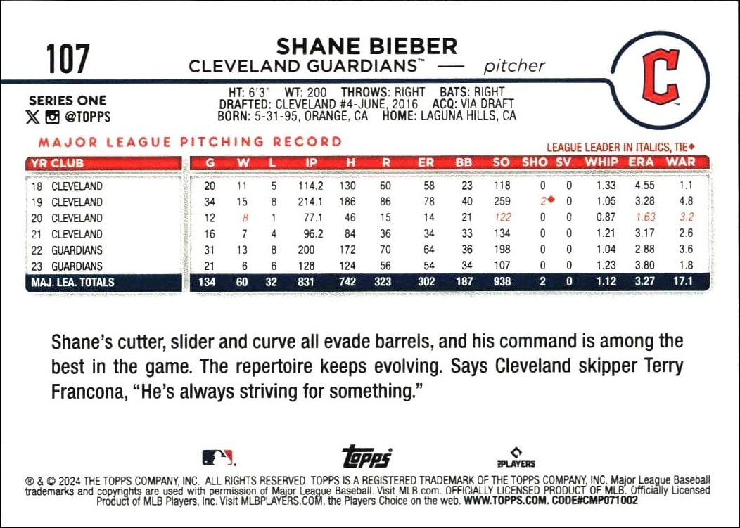 2024 Topps Shane Bieber #107 baseball trading card back