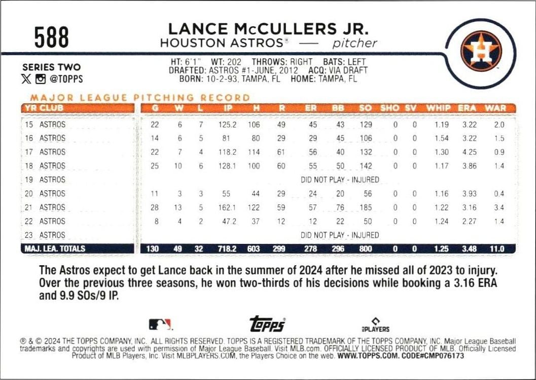 2024 Topps Series 2 Lance McCullers Jr. #588 baseball trading card back