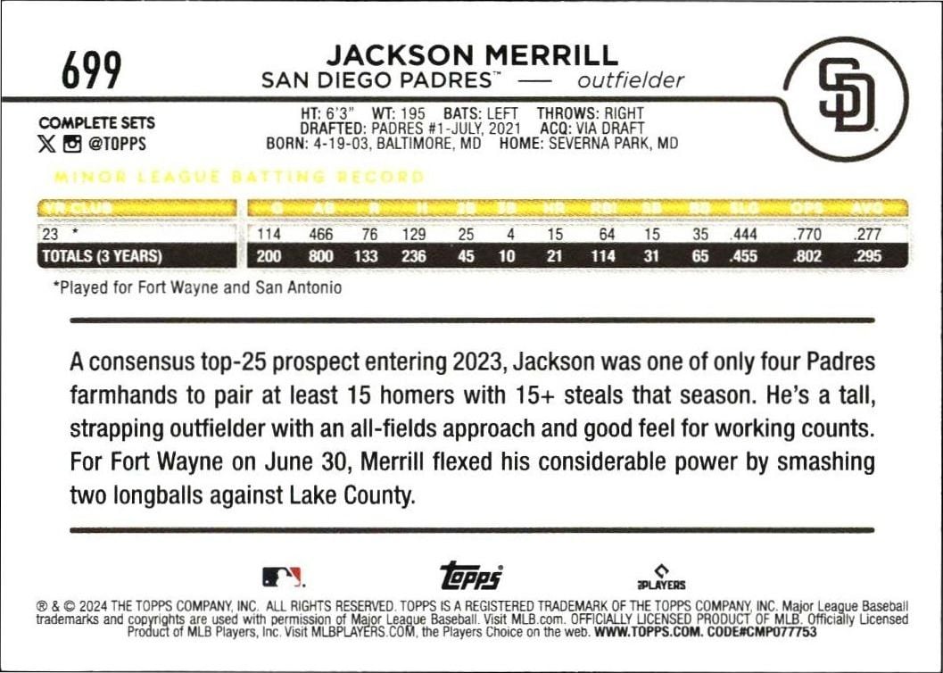 2024 Topps Complete Sets Jackson Merrill #699 baseball trading card back