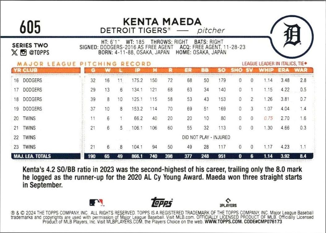 2024 Topps Series 2 Kenta Maeda #605 baseball trading card back