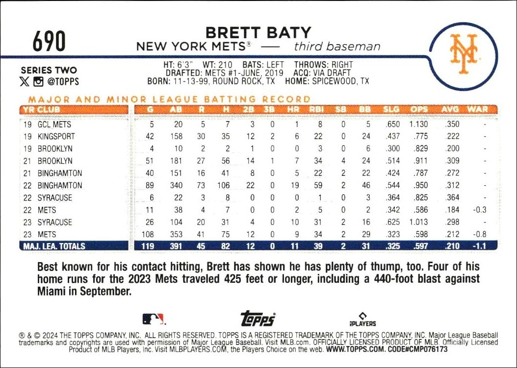 2024 Topps Series 2 Brett Baty #690 baseball trading card back