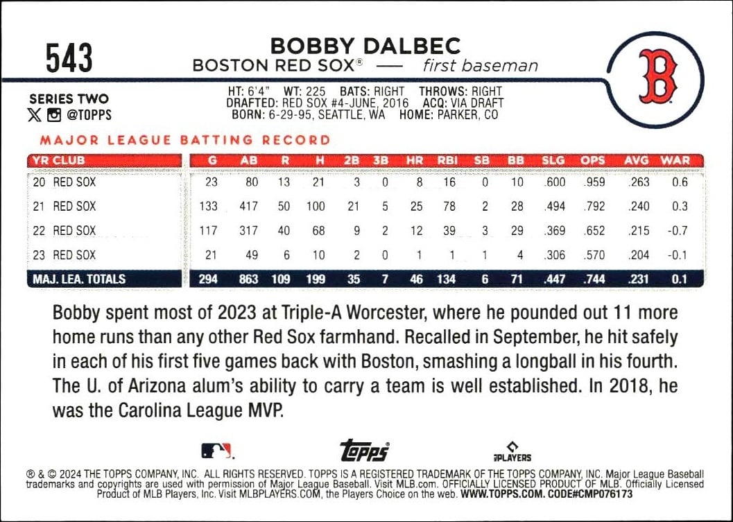 2024 Topps Series 2 Bobby Dalbec #543 baseball trading card back