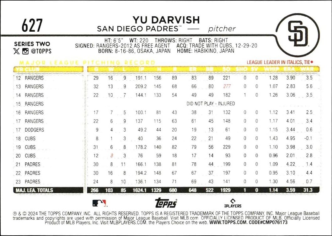2024 Topps Series 2 Yu Darvish #627 baseball trading card back