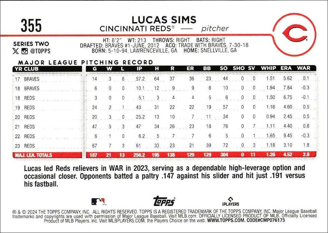 2024 Topps Series 2 Lucas Sims #355 baseball trading card back