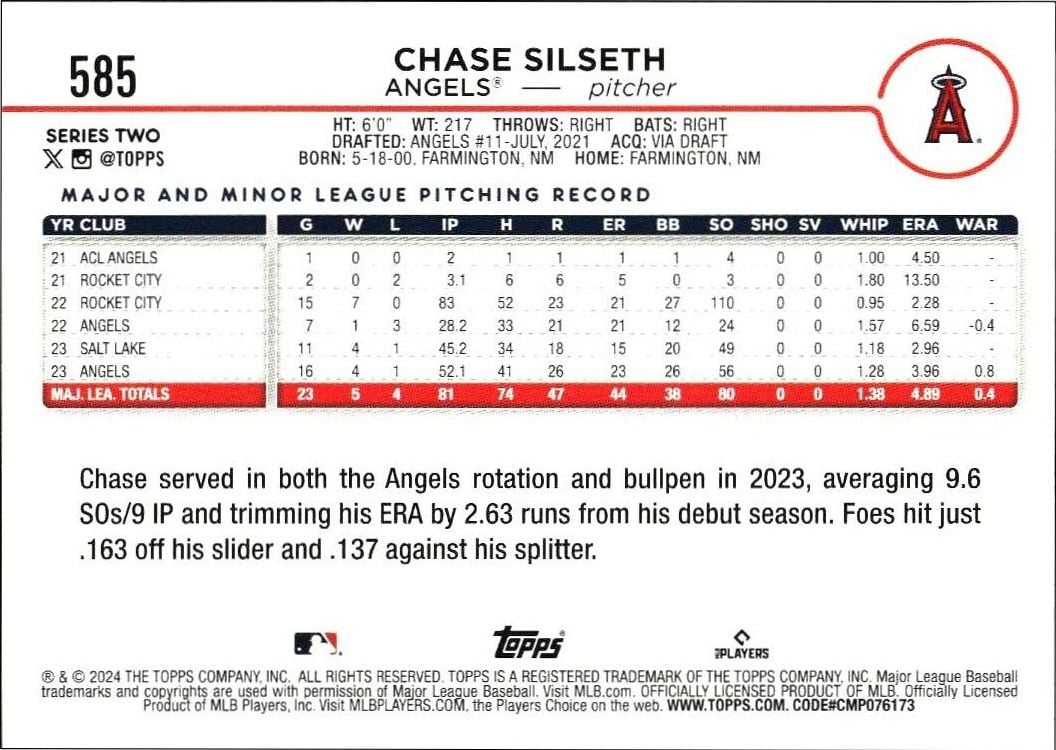 2024 Topps Series 2 Chase Silseth #585 baseball trading card back