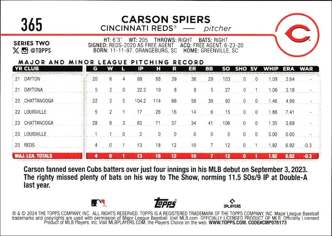 2024 Topps Series 2 Carson Spiers #365 baseball trading card back