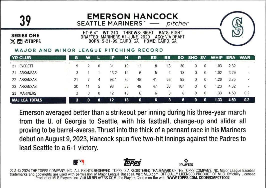 2024 Topps Emerson Hancock #39 baseball trading card back