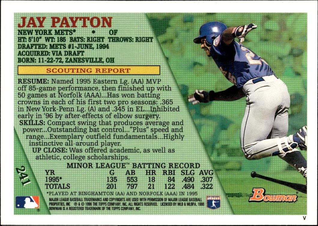 1996 Bowman Jay Payton #241 baseball trading card back