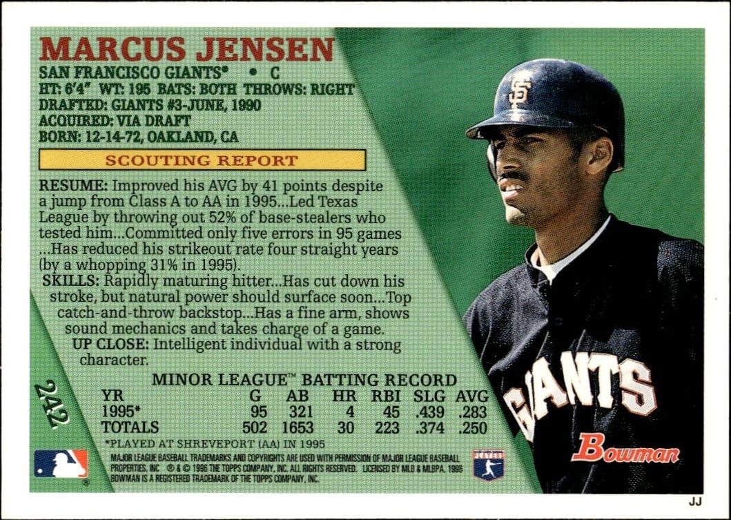 1996 Bowman Marcus Jensen #242 baseball trading card back