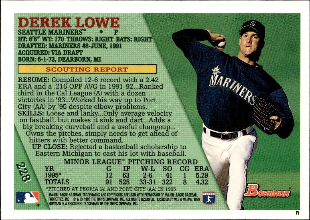 1996 Bowman Derek Lowe #228 baseball trading card back