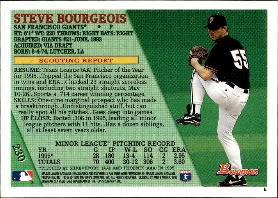 1996 Bowman Steve Bourgeois #230 baseball trading card back