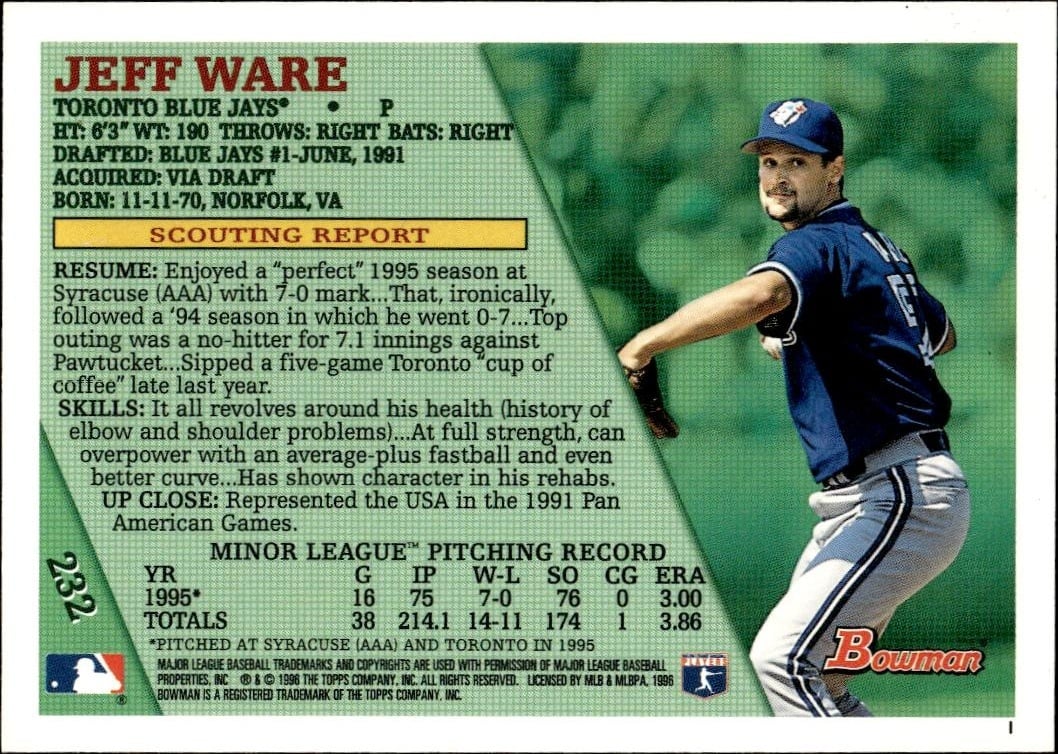 1996 Bowman Jeff Ware #232 baseball trading card back