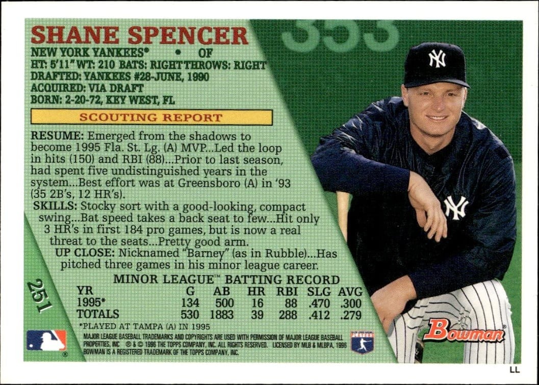 1996 Bowman Shane Spencer #251 baseball trading card back